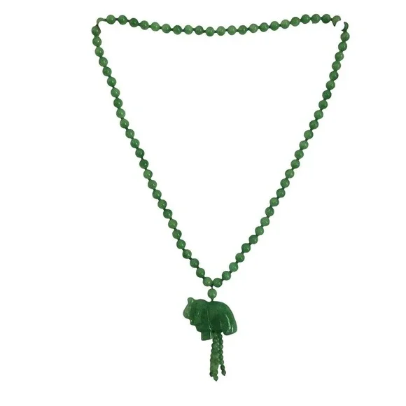 Green Jade Beaded Tassel Pendant Necklace Carved Elephant Silk Knotted 92 Gram - Picture 2 of 12